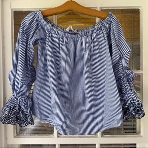 ASTR Off-the-Shoulder Embroidered Striped Top